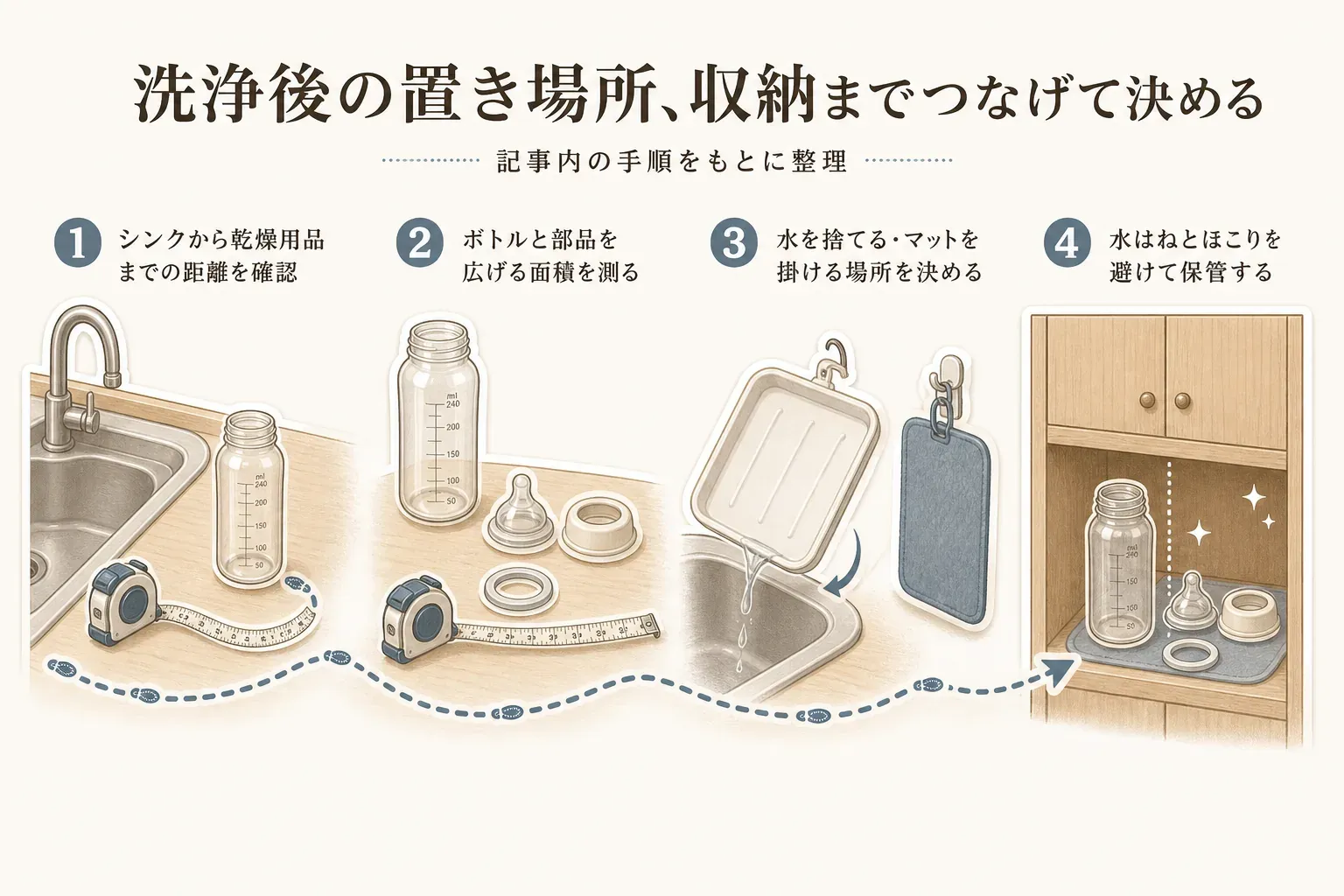 洗浄後から収納までの動線を4段階で示す図。シンクから乾燥用品までの距離を測り、ボトルと部品を広げる面積を確認し、受け皿の水を捨てるかマットを掛けて乾かし、水はねとほこりを避けて収納する流れを示している。記事内の手順をもとに整理。