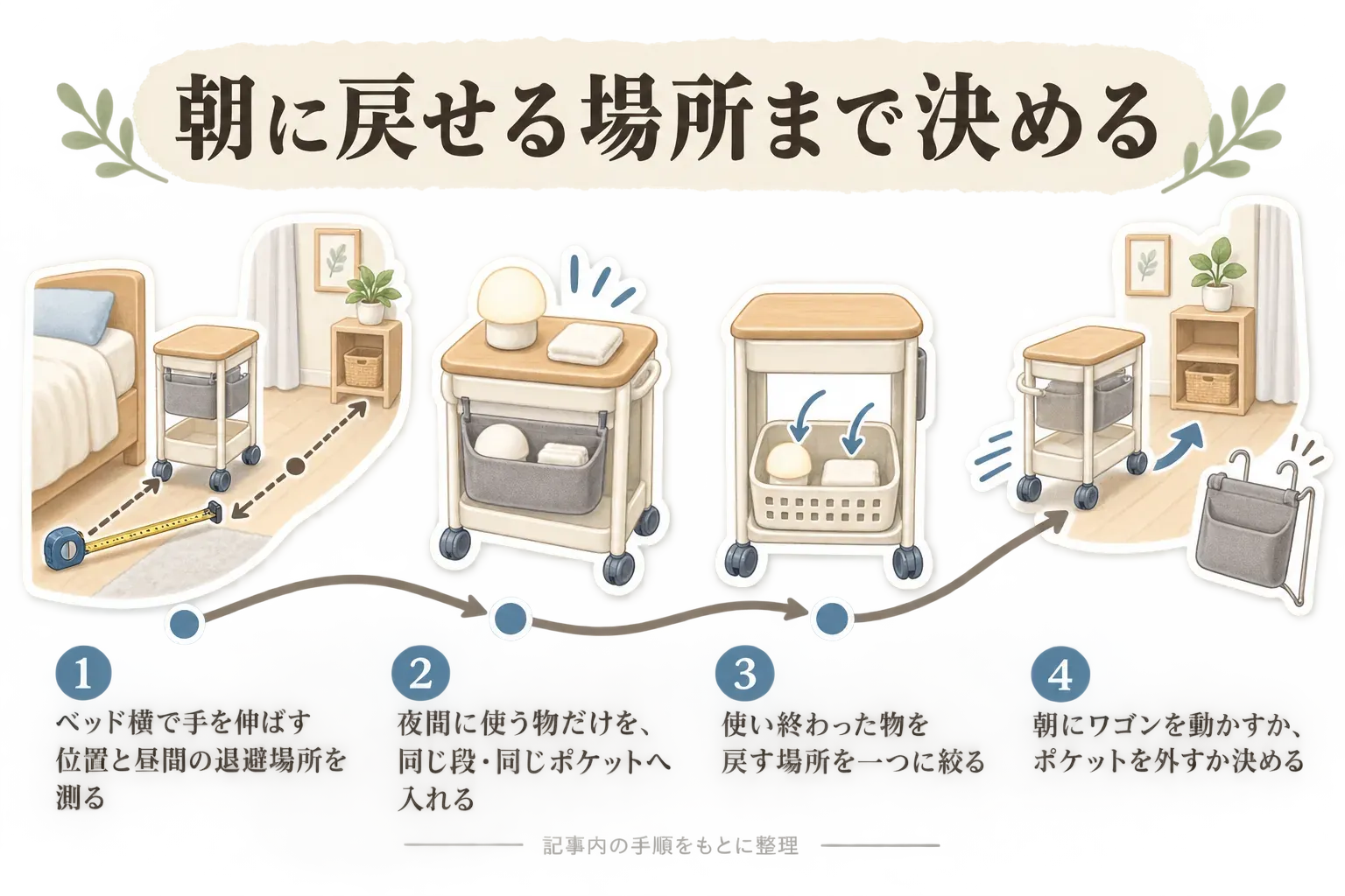 夜間授乳後に朝の片付けへ戻す動線を示す図。夜間に使う物を同じ段・同じポケットから取り出して一つの戻し先へ入れ、朝はワゴンを昼間の退避場所へ動かすか、収納ポケットを外して保管先へ戻し、ベッド横の通路を空ける流れを描いている。