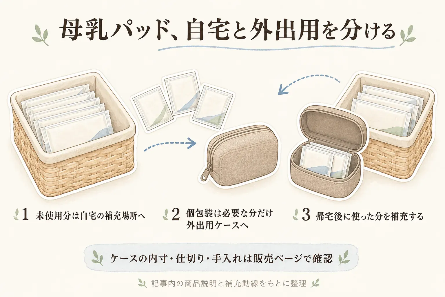 未使用の個包装母乳パッドを自宅の補充場所に置き、必要な分だけ外出用ケースへ移し、帰宅後に使った分を補充する3段階の動線を示す図。ケースの内寸・仕切り・手入れは販売ページで確認する。