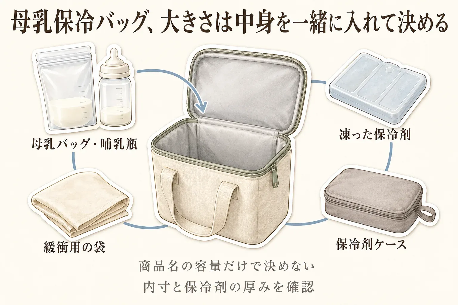 母乳保冷バッグの大きさは中身を一緒に入れて決めることを示す図。母乳バッグ・哺乳瓶、凍った保冷剤、保冷剤ケース、緩衝用の袋をバッグに入れ、商品名の容量だけでなく内寸と保冷剤の厚みを確認する。記事内の選び方をもとに整理。