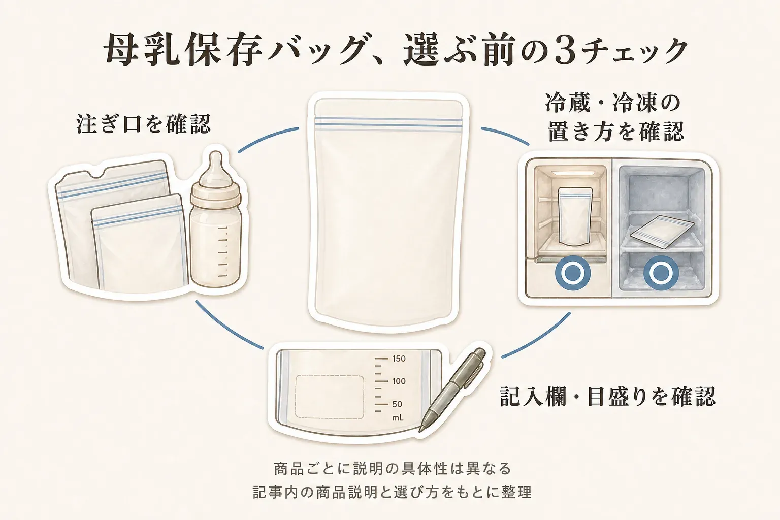 母乳保存バッグを選ぶ前の3つの確認点を示す図。哺乳びんへの移し替えを考えた注ぎ口、冷蔵・冷凍での置き方、搾乳情報を書き残す記入欄・目盛りを確認し、商品ごとに説明の具体性が異なることを示している。記事内の商品説明と選び方をもとに整理。