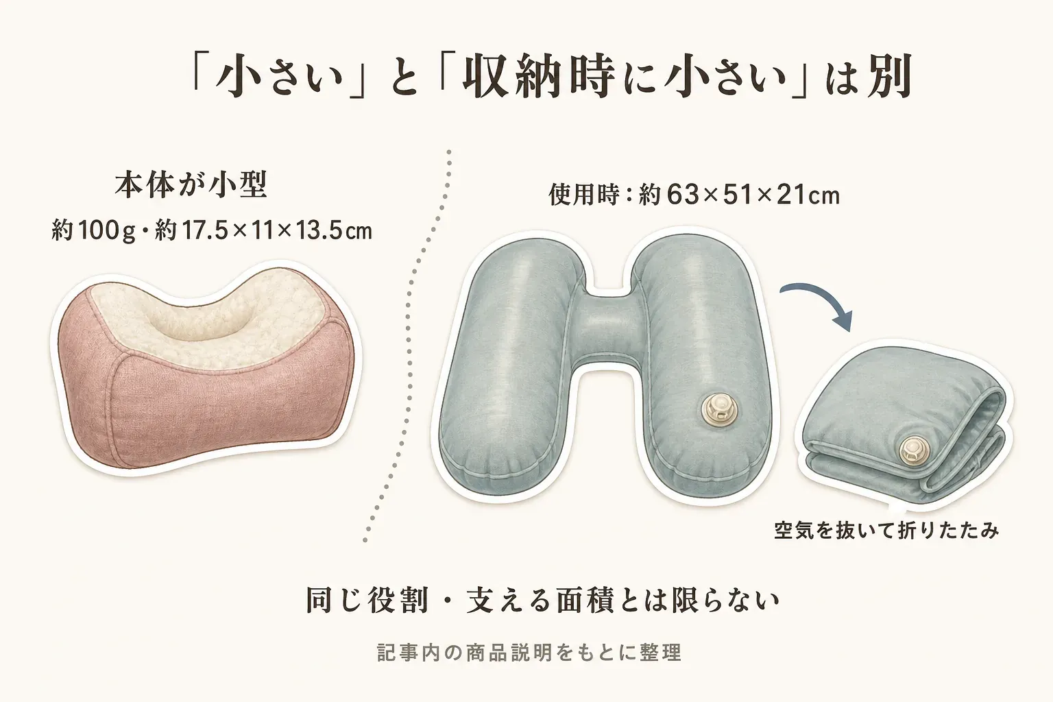 本体が小型のミルクサポート型は約100g・約17.5×11×13.5cm、エアーH型は使用時約63×51×21cmでも空気を抜いて折りたためることを並べ、「小さい」と「収納時に小さい」は別で、役割や支える面積も同じとは限らないことを記事内の商品説明をもとに示した図。