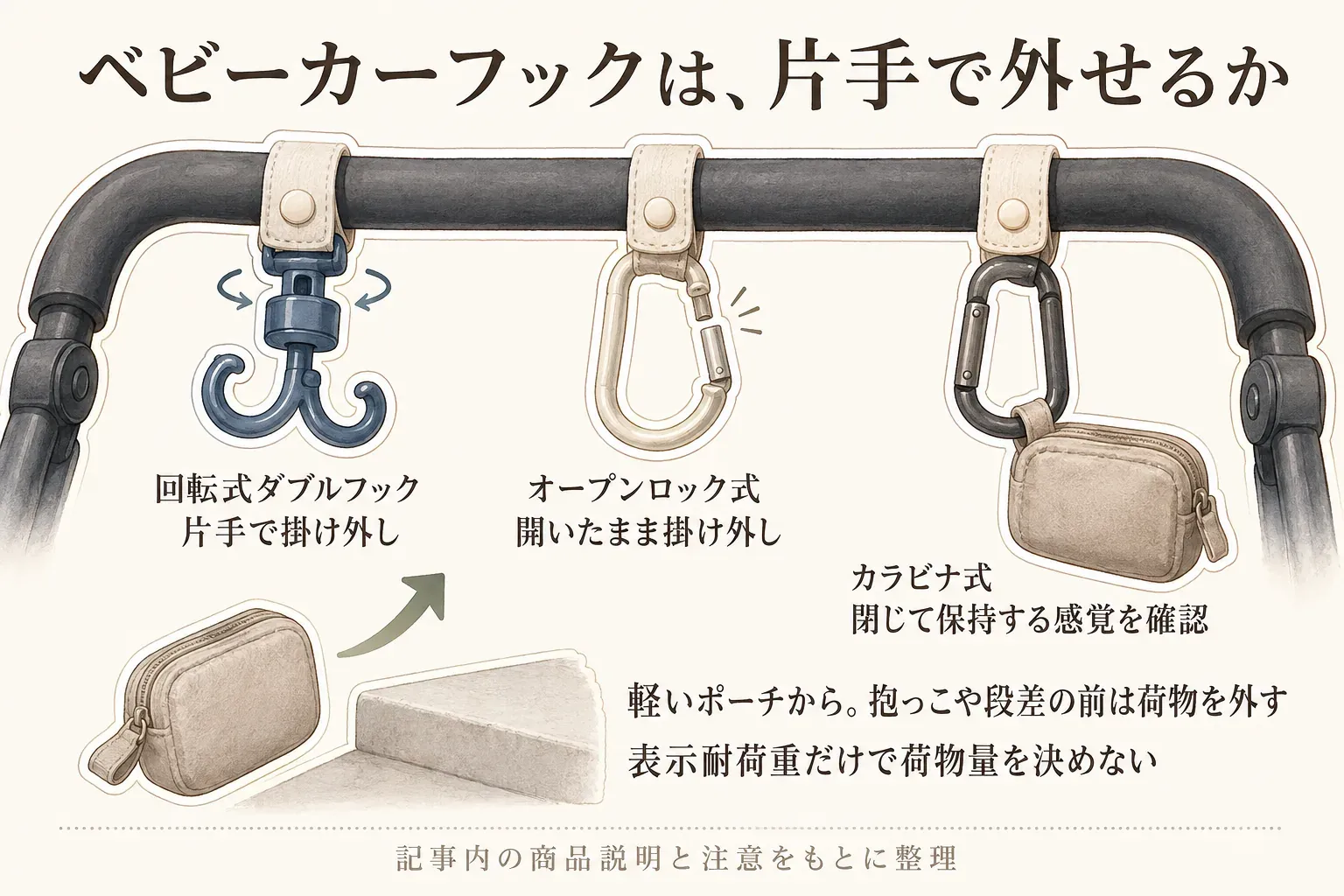 ベビーカーの持ち手に付けたフックの掛け外し方を比較する図。回転式ダブルフックは片手で掛け外し、オープンロック式カラビナは開いたまま掛け外し、通常のカラビナ式はゲートを閉じて荷物を保持する感覚を確認する。軽いポーチから使い、抱っこや段差の前には荷物を外し、表示耐荷重だけで荷物量を決めないことを示す。記事内の商品説明と注意をもとに整理。
