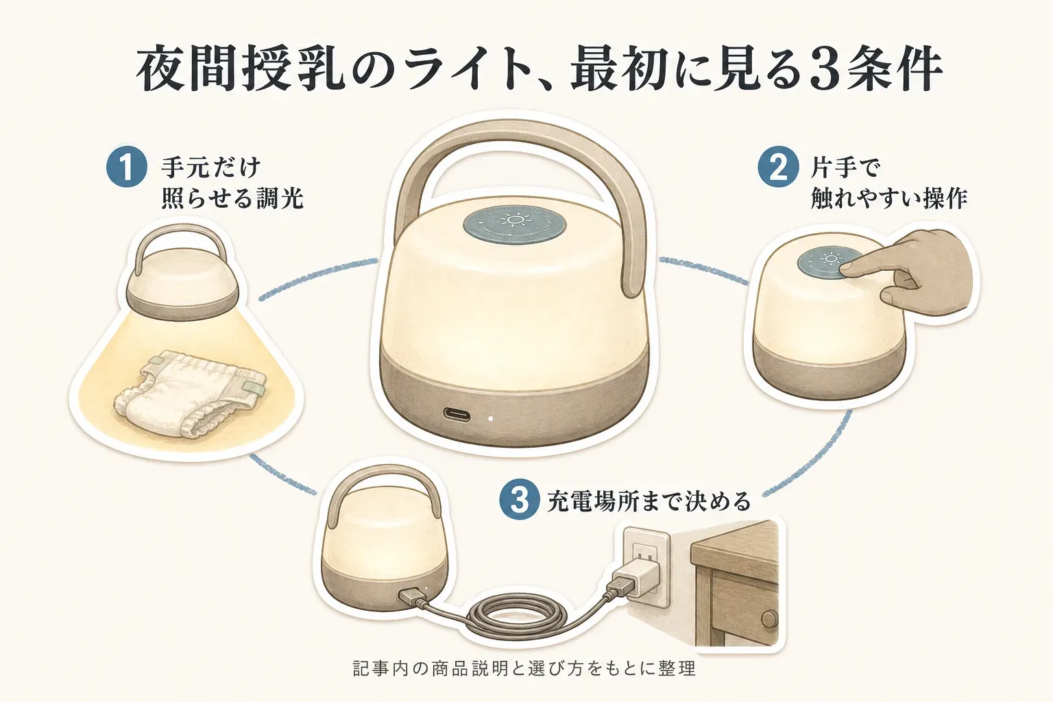 夜間授乳のライトで最初に見る3条件として、手元だけ照らせる調光、片手で触れやすい操作、充電場所を決めることを、取っ手付きライトのイラストで示した図。記事内の商品説明と選び方をもとに整理。